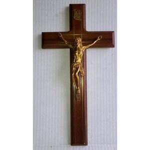 Vintage Crucifix Wood Wall Brass Inlay Gold Tone Corpus Jesus Christ INRI  12"